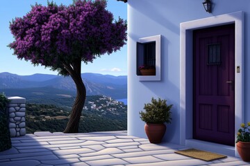 A digital artwork of Thassos featuring its traditional houses and coastal views in a modern, vibrant style