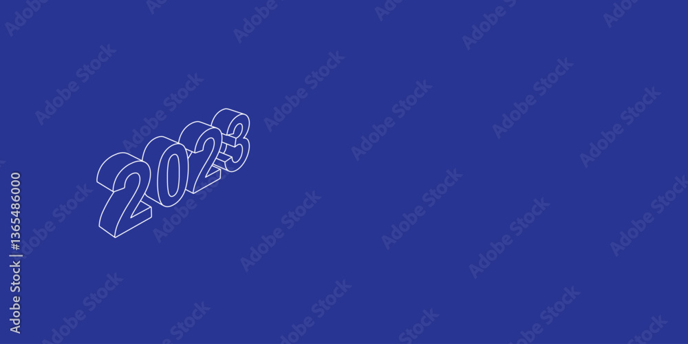 Poster the outline of a large 2023 year symbol made of white lines on the left. 3d view of the object in pe