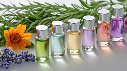 Artisan fragrance creation with glass bottles, natural extracts, and botanical essences.