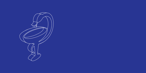 The outline of a large medicine symbol made of white lines on the left. 3D view of the object in perspective. Vector illustration on indigo background