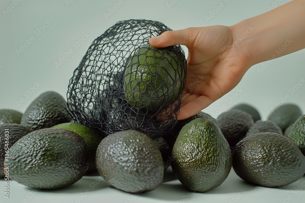 Aufkleber hand selecting fresh avocados from a netted bag on a simple background