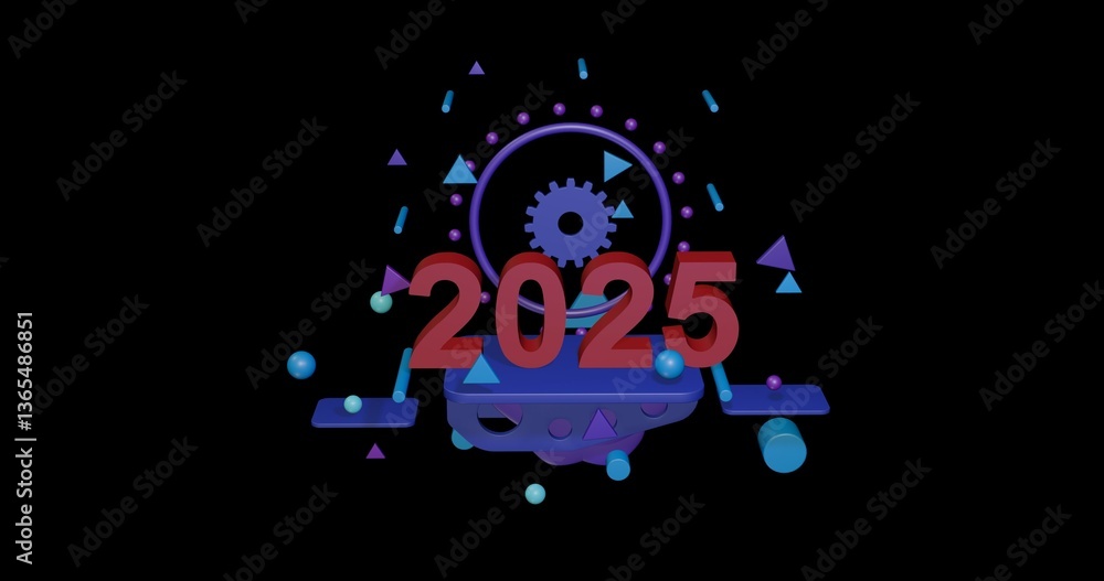 Poster red 2025 year symbol on a pedestal of abstract geometric shapes floating in the air. abstract concep