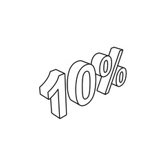 The outline of a large 10 percent symbol is made with black lines. 3D view of the object in perspective. Vector illustration on white background
