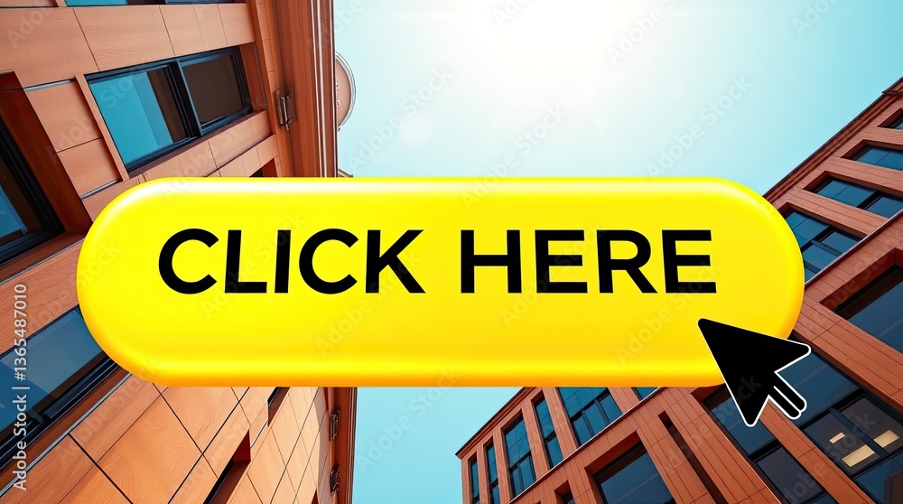 Poster yellow click here button and mouse cursor in the city