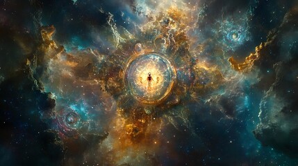 A majestic space scene featuring a large brilliant star surrounded by the cosmic vastness of the universe
