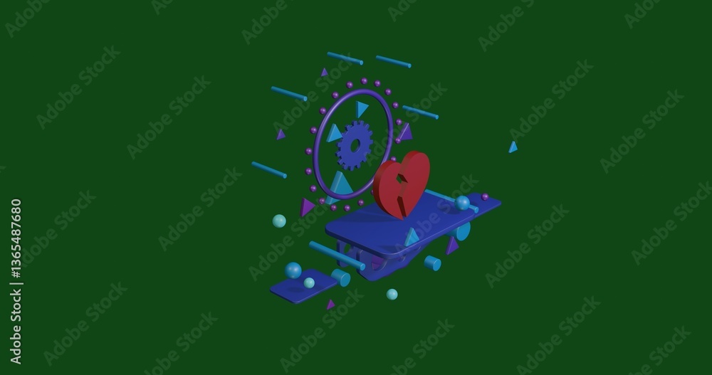 Aufkleber red broken heart symbol on a pedestal of abstract geometric shapes floating in the air. abstract con