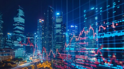 Stock market changes, business chart with changing lines and numbers. Double exposure with building skyscrapers in Singapore. Concept of forex and online trading