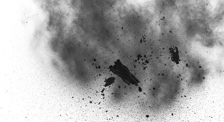 Dark charcoal dust explosion, a dramatic monochrome study in texture and movement against a stark white background.