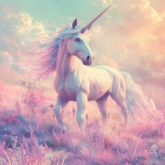 Fototapeta premium Dreamy Pastel Unicorn in an Enchanted Fantasy Meadow | Fantasy Pastel Art & Ethereal Mythological Creature