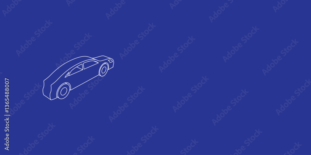 Poster the outline of a large car symbol made of white lines on the left. 3d view of the object in perspect