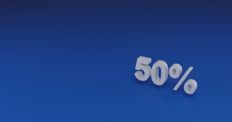 Isolated realistic white 50 percent symbol with shadow. Located on the right side of the scene. 3d illustration on transparent background