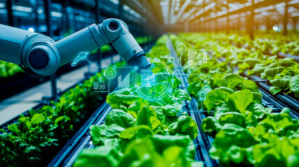 A robot in a greenhouse with lettuce growing in it