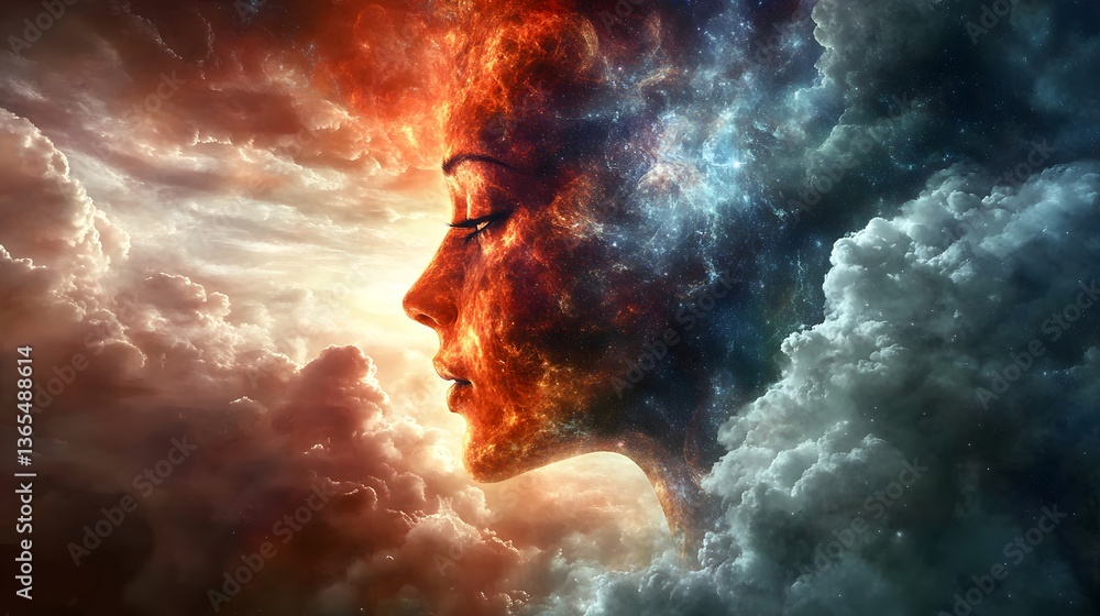 Poster a man's face forming within the clouds illustrating a surreal and abstract representation of cosmic 