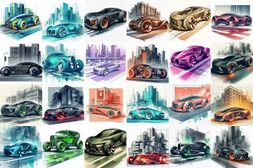 Futuristic concept cars moving along street. Blending watercolor and blueprint. AI generated illustration