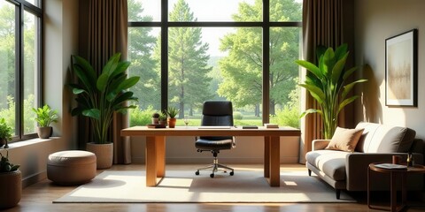 Fototapeta premium Serene Home Office with Lush Greenery and Natural Light Streaming Through Expansive Windows