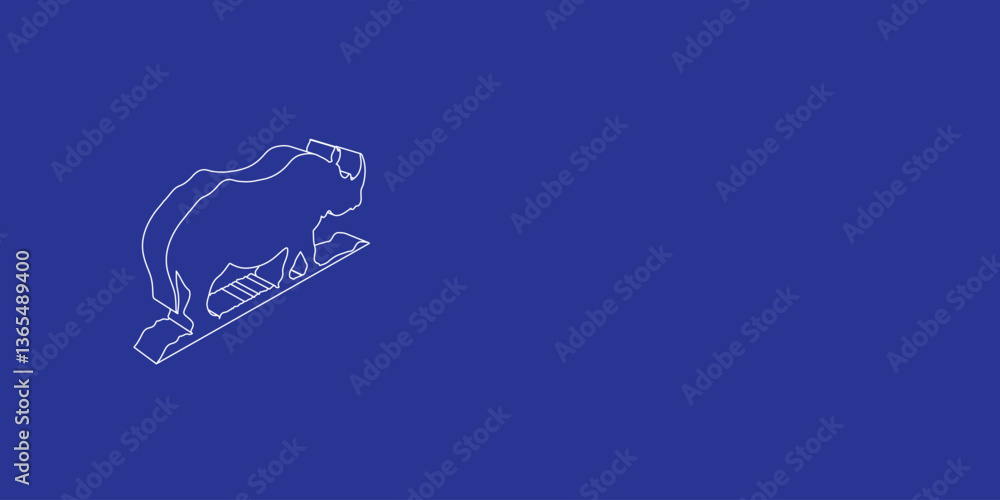 Poster the outline of a large wild rhino symbol made of white lines on the left. 3d view of the object in p