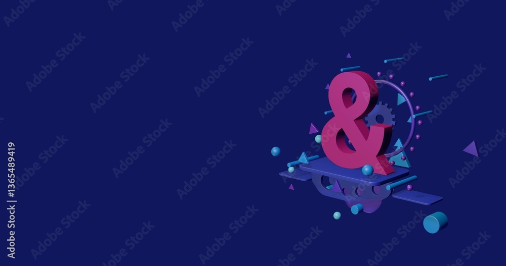 Fototapete pink ampersand symbol on a pedestal of abstract geometric shapes floating in the air. abstract conce