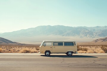 Vintage yellow camper van driving on scenic desert road with mountain backdrop
