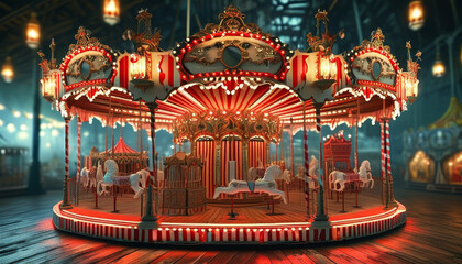 Obraz premium Halloween product display background podium, spooky carnival carousel, eerie red, white stripes, wooden texture, flickering lanterns, eerie glow, carnival rides, dim circus lights, ad, podium platform
