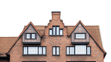 Obraz premium Brick house with gabled roof and windows on white background