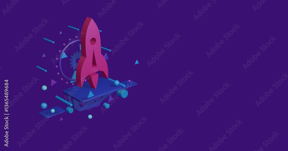 Poster pink rocket on a pedestal of abstract geometric shapes floating in the air. abstract concept art wit