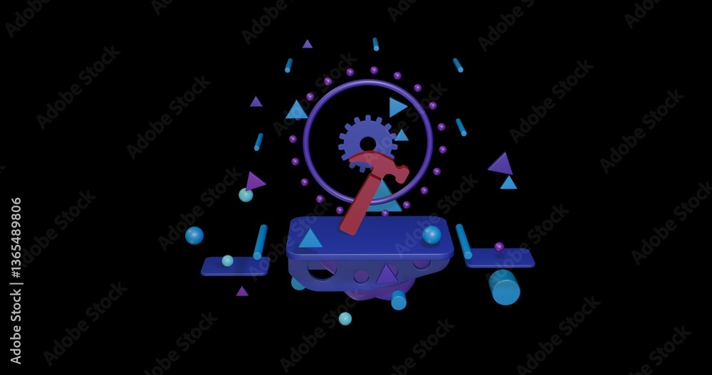 Poster red hammer symbol on a pedestal of abstract geometric shapes floating in the air. abstract concept a
