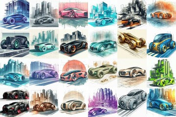 Futuristic concept cars moving along street. Blending watercolor and blueprint. AI generated illustration