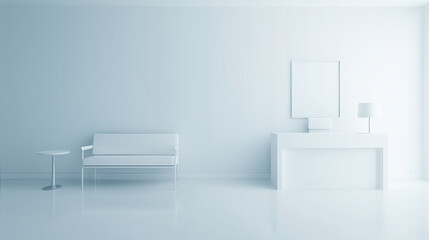 A simple and modern office hall with white walls and contemporary furniture, creating a professional commercial office environment and serving as great business background and workplace material.