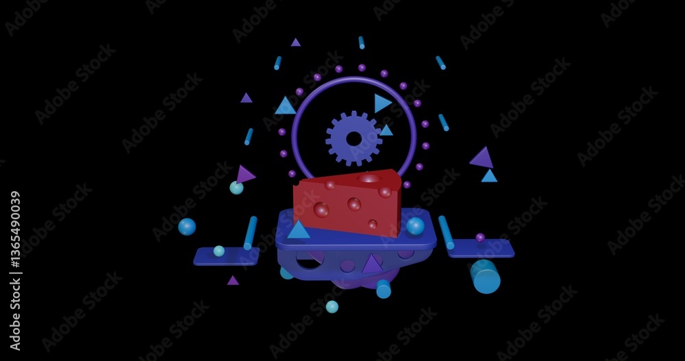 Poster red cheese symbol on a pedestal of abstract geometric shapes floating in the air. abstract concept a