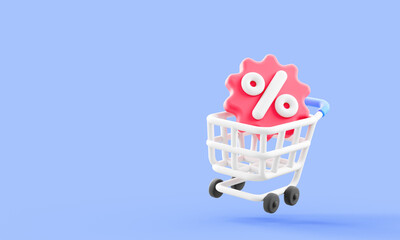 3D illustration of a shopping cart with a red percentage discount symbol, representing online sales, promotions, and e-commerce deals.