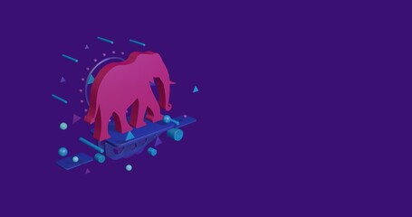 Pink elephant on a pedestal of abstract geometric shapes floating in the air. Abstract concept art with flying shapes on the left. 3d illustration on deep purple background