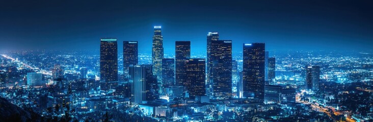 Nighttime skyline of Los Angeles illuminated by city lights, showcasing urban architecture and vibrancy