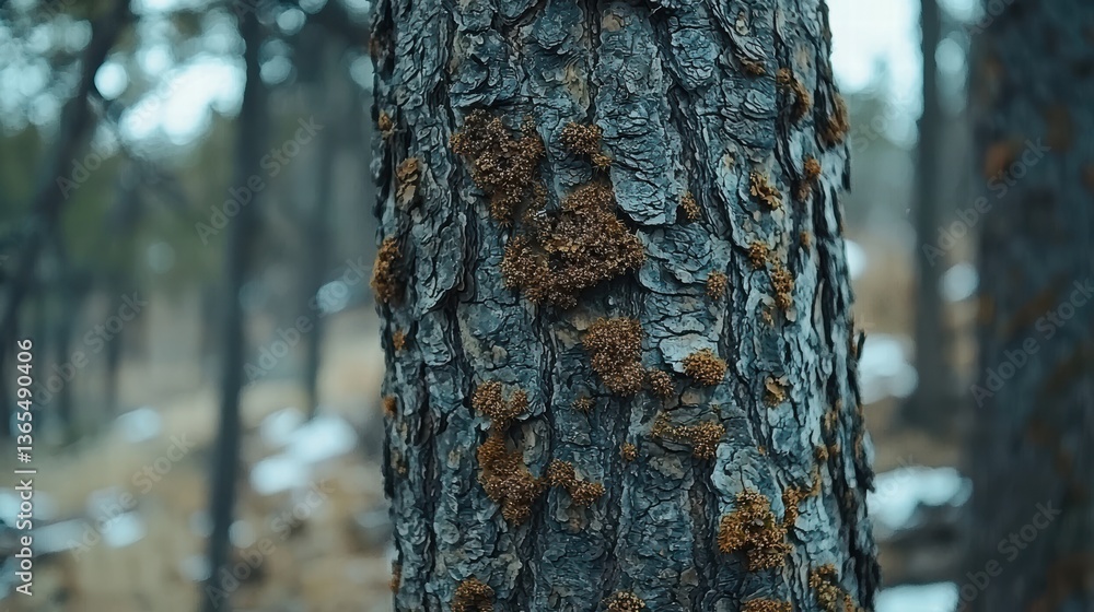 Poster close up of evergreen tree bark showcasing textured patterns and patches of moss, creating serene an
