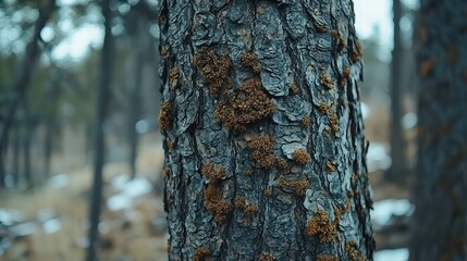Fototapeta premium close up of evergreen tree bark showcasing textured patterns and patches of moss, creating serene and natural atmosphere in forest setting