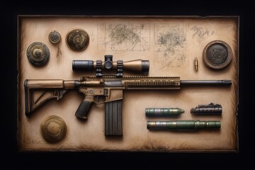 A hand-drawn sniper rifle concept sketch, showcasing various attachments and designs