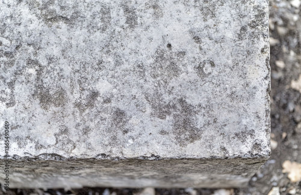 Poster close up shot of a weathered concrete block with a rough texture and visible surface details