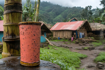 Papua New Guinean 'bu' drink served in bamboo cup with rural landscape