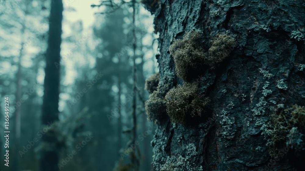 Poster close up of evergreen tree bark showcases intricate textures and patches of moss, creating serene an
