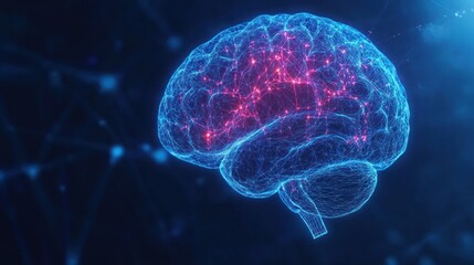 3D illustration of a human brain, highlighting neural connections with glowing red and blue lines.  