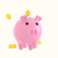 3d illustration piggy bank with coin isolated on white background. Business investment, saving money concept.