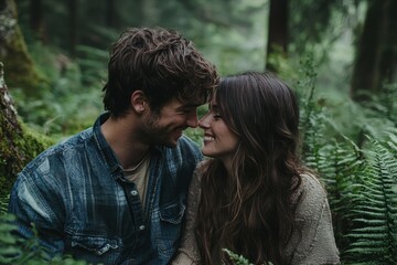 Obraz premium couple enjoying romantic moment in evergreen forest, surrounded by lush greenery and ferns, radiating love and happiness in serene natural setting