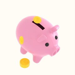 3d render piggy bank with coin isolated on white background. Business investment, saving money concept.