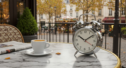 Morning coffee and alarm clock on a city cafe table during autumn