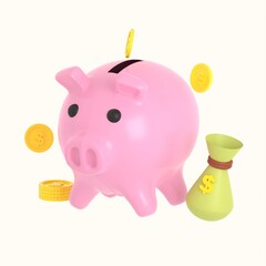 3d render piggy bank with coin isolated on PNG transparent background. Business investment, saving money concept.