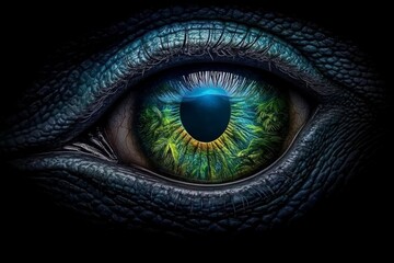 A hyper-realistic close-up of a Velociraptor eye, reflecting a prehistoric jungle in its iris