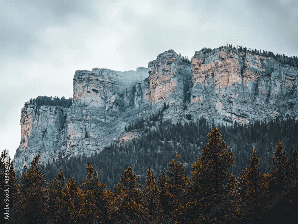 Poster dramatic view of rugged mountains with towering cliffs and dense evergreen trees in foreground, crea