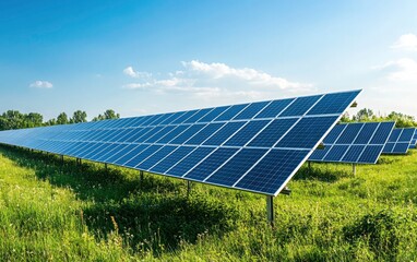 Wide-Shot of Solar Panels in a Field Under a Clear Sky