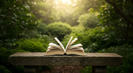 Open Book On Stone Bench In Garden