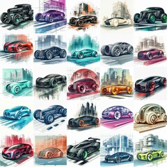 Futuristic concept cars moving along street. Blending watercolor and blueprint. AI generated illustration