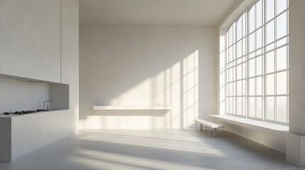 Front view on bright kitchen room interior with empty white wall, panoramic window, sink, gas cooker, concrete floor. Concept of minimalist design. Space for creative idea. Mock up. 3d rendering